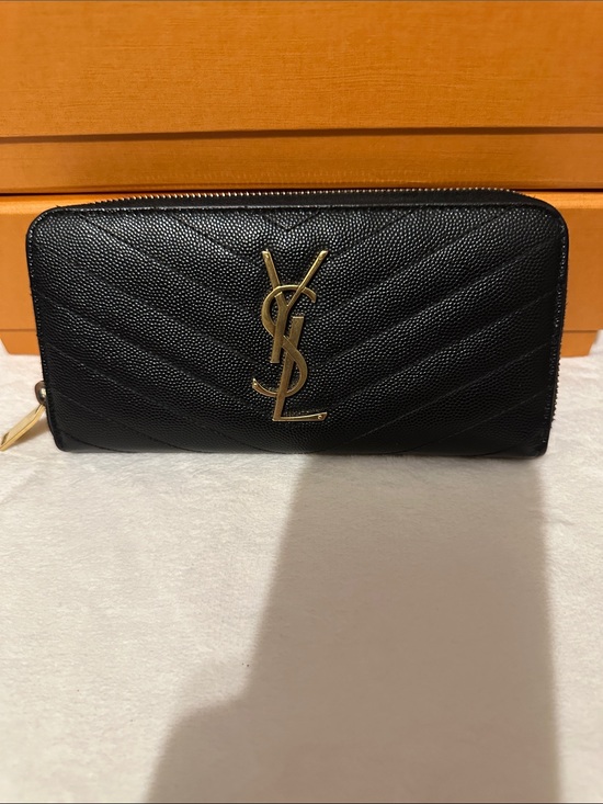 Saint Laurent Handbags - Saint Laurent Black Chevron Quilted Zip-Around Wallet with Gold YSL